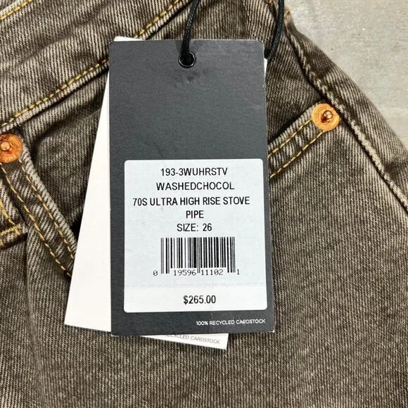 $265 NWT RE/DONE 70s ULTRA HIGH RISE STOVE PIPE CHOC JEANS SZ 26